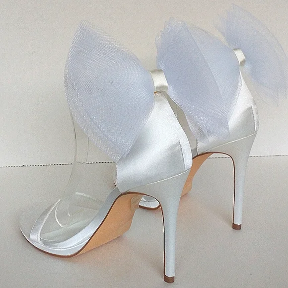 Like New Dream Pairs White Satin Stiletto Dress Sandals with Detachable Bow - Picture 7 of 15
